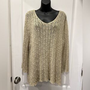2XL V-Neck Lightweight Knit Top - oatmeal - open knit / crochet